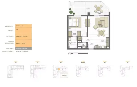 Noor Residence: Планировка Type 1A-13, 776 sq ft