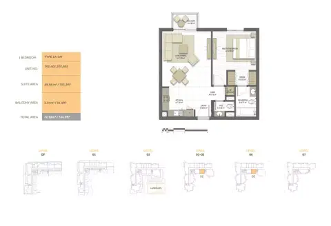 Noor Residence: Планировка Type 1A-3M, 784 sq ft