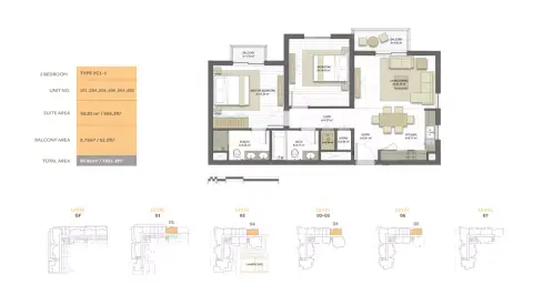 Noor Residence: Планировка Type 2C1-1, 1,031 sq ft