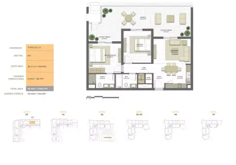 Noor Residence: Планировка Type 2C1-11, 1,028 sq ft