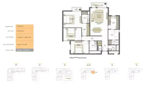 Noor Residence: Планировка Type 3E-1, 1,763 sq ft