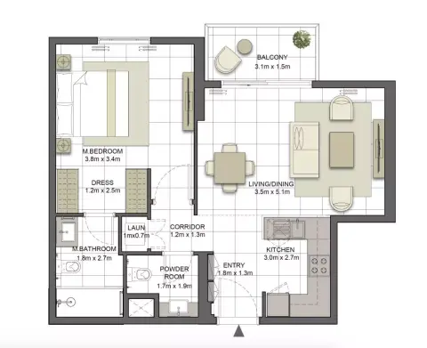Crystal Residences: Планировка Tower1 - Type 1, 732 sq ft