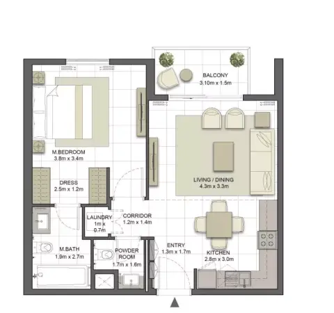 Crystal Residences: Планировка Tower1 - Type 1A, 717 sq ft