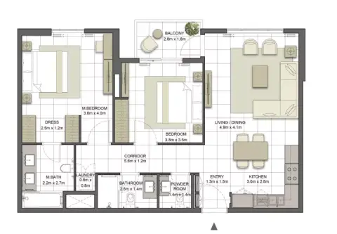 Crystal Residences: Планировка Tower 1- Type 2A-3, 1,079 sq ft