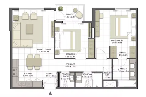 Crystal Residences: Планировка Tower 1- Type 2A, 1,079 sq ft