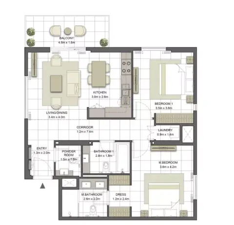 Crystal Residences: Планировка Tower 1 - Type 2B-1, 1,139 sq ft
