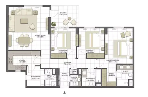 Crystal Residences: Планировка Tower 1 - Type 3A-4, 1,689 sq ft