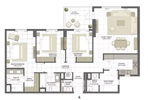 Crystal Residences: Планировка Tower 1 - Type 3A-3, 1,692 sq ft