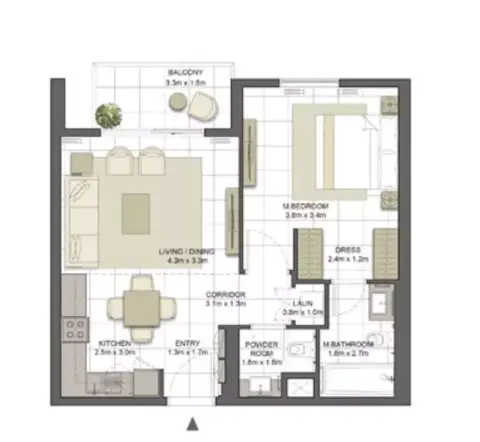 Crystal Residences: Планировка Tower 2 - Type 1A-1, 714 sq ft