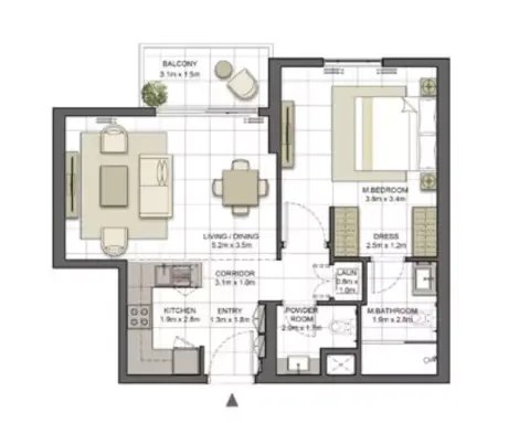 Crystal Residences: Планировка Tower 2 - Type 1B-1, 733 sq ft