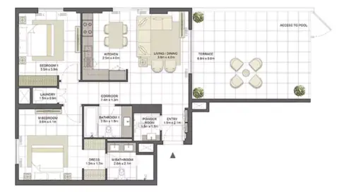Crystal Residences: Планировка Tower 2 - Type 2C, 1,402 sq ft