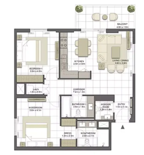 Crystal Residences: Планировка Tower 2 - Type 2C-1, 1,135 sq ft