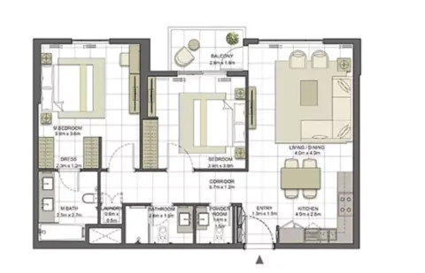 Crystal Residences: Планировка Tower 2 - Type 2A-2, 1,075 sq ft