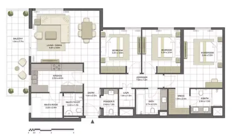 Crystal Residences: Планировка Tower 2 - Type 3C, 1,804 sq ft