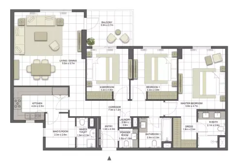 Crystal Residences: Планировка Tower 2- Type 3A-4, 1,689 sq ft
