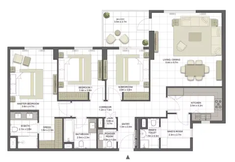 Crystal Residences: Планировка Tower 2 - Type 3A-3, 1,692 sq ft