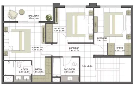 Crystal Residences: Планировка Townhouse - Type 3TH-1, 2,513 sq ft