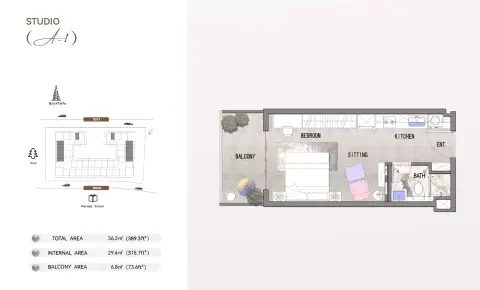 Listone Residence: Floor plan Type A1, 389 sq ft