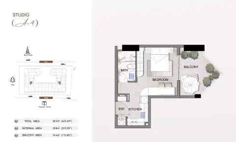 Listone Residence: Floor plan Type A4, 422 sq ft