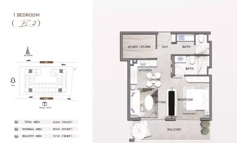 Listone Residence: Floor plan Type B2, 705 sq ft