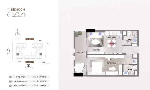 Listone Residence: Floor plan Type B4, 691 sq ft
