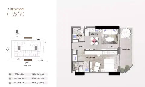 Listone Residence: Floor plan Type B3, 690 sq ft