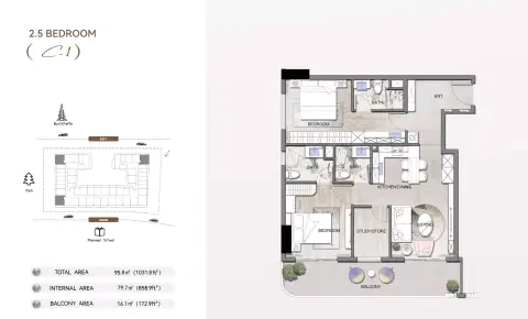 Listone Residence: Floor plan Type C1, 1,031 sq ft