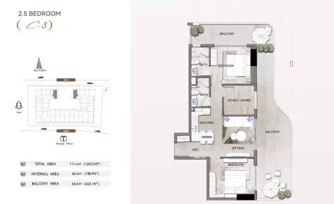 Listone Residence: Floor plan Type C3, 1,202 sq ft