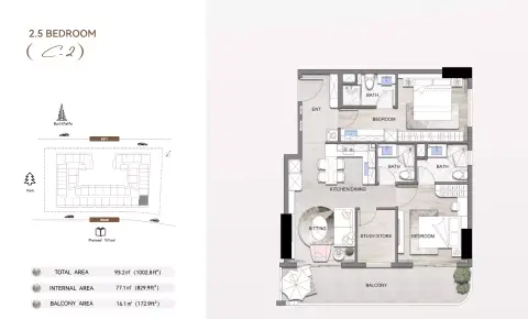 Listone Residence: Floor plan Type C2, 1,002 sq ft
