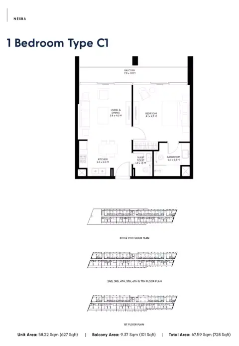 Nesba Phase 3: Floor plan Type - C1, 728 sq ft