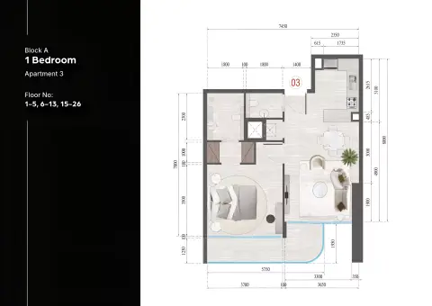 Guzel Tower: Floor plan Block A Type 102-302-402-1902-602-902-2302, 752 sq ft