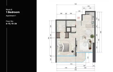 Guzel Tower: Floor plan Block B Type 2602-1602-2502, 753 sq ft