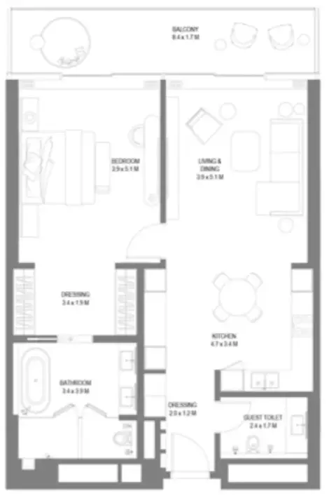 Anantara Sharjah Residences: Планировка Type 1, 1,188 sq ft