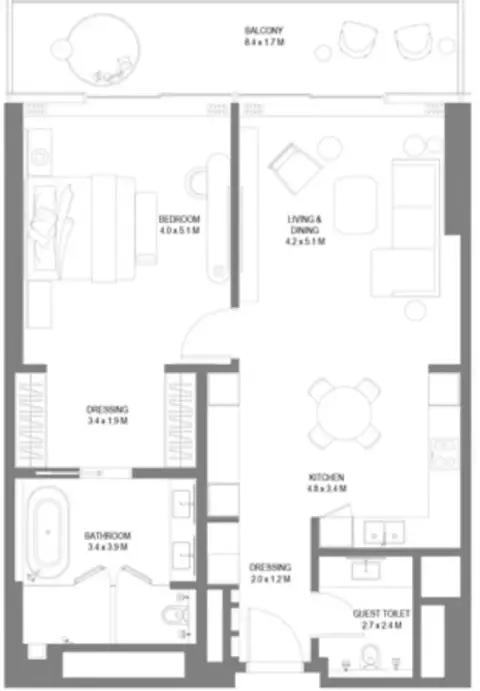 Anantara Sharjah Residences: Планировка Type 2, 1,190 sq ft