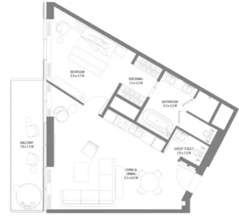 Anantara Sharjah Residences: Планировка Type 3, 1,012 sq ft