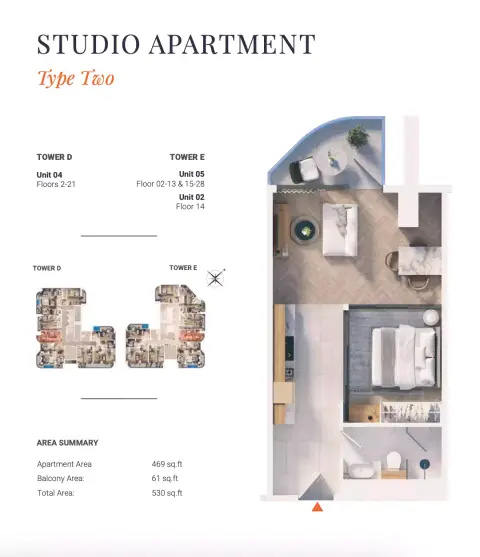 Solena Orchard Place: Plattegrond Type 2-Tower D&E, 530 sq ft
