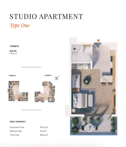 Solena Orchard Place: Plattegrond Type 1-Tower D, 368 sq ft