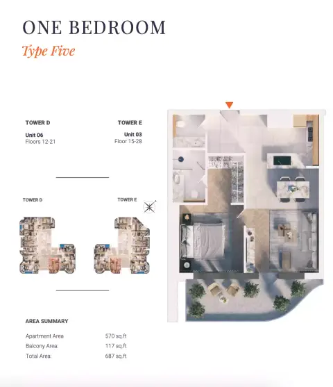 Solena Orchard Place: Plattegrond Type 5-Tower D&E, 687 sq ft