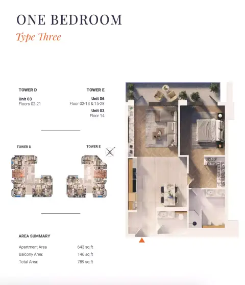 Solena Orchard Place: Plattegrond Type 3-Tower D&E, 789 sq ft