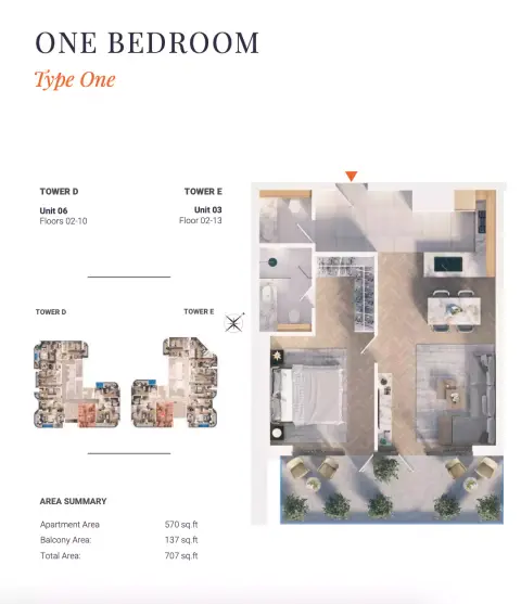 Solena Orchard Place: Plattegrond Type 1-Tower D&E, 707 sq ft