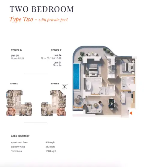 Solena Orchard Place: Plattegrond Type 2-Tower D$E, 1,303 sq ft