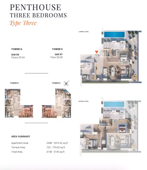 Solena Orchard Place: Plattegrond Type 3-Tower D&E, 3,138 sq ft