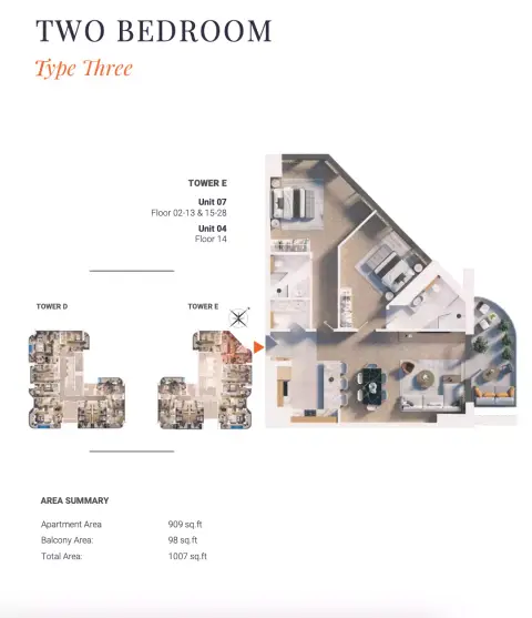 Solena Orchard Place: Plattegrond Type 3-Tower E, 1,007 sq ft