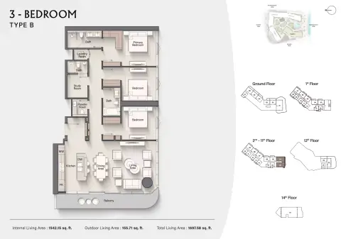 Costa Mare: Floor plan Type B | Tower I, 1,697 sq ft