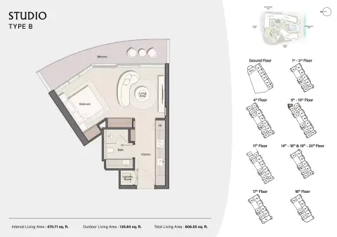 Costa Mare: Floor plan Type B | Tower II, 606 sq ft