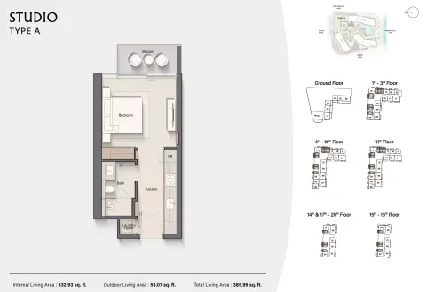 Costa Mare: Floor plan Type A | Tower III, 385 sq ft