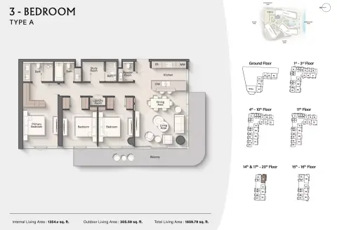 Costa Mare: Floor plan Type A | Tower III, 1,659 sq ft
