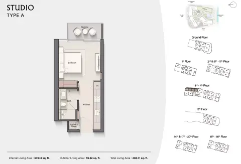 Costa Mare: Floor plan Type A | Tower IV, 408 sq ft