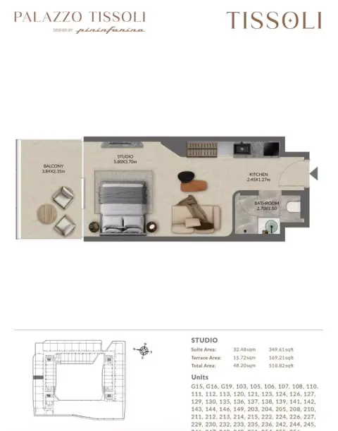 بالاتزو تيسولي: مخطط الطابق Type A, 518 sq ft