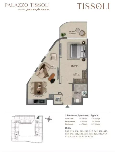 بالاتزو تيسولي: مخطط الطابق Type X, 697 sq ft